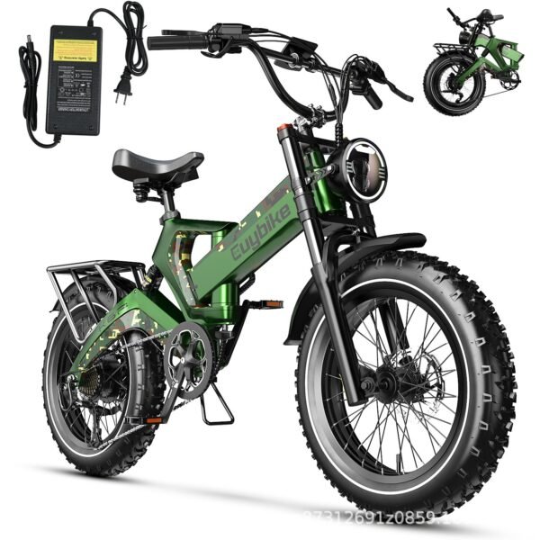 Export cross-border exclusive model of upright folding electric bicycle with power assistance for off-road and shock absorption, made of magnesium alloy.